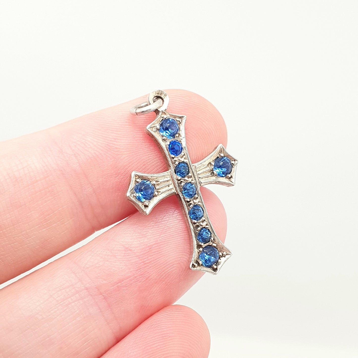 Antique Sterling Silver Sapphire Paste Cross Crucifix Necklace Pendant Sparkly Victorian 1800s Rare Vintage Womens Mens Jewellery Jewelry