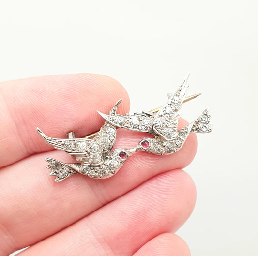 Antique Solid Silver Victorian Paste Bird Brooch Diamond Foiled Pastes Pair of Songbirds Swallows Cute Birds Vintage 1800s Ladies Womens