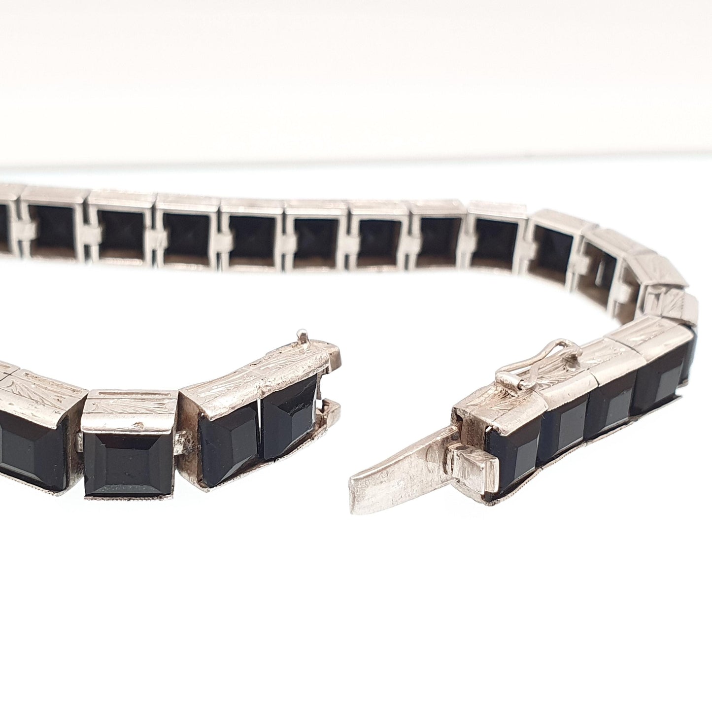 Antique Art Deco Solid Silver Onyx Paste Bracelet Channel Set Square Cut Genuine 1920s Vintage 1920s 25.10g Tennis Womens Jewelry Jewellery