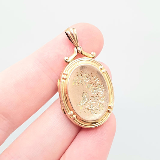 Antique 9ct Rose Gold Bird Locket Solid 9k 375 Small Oval Pendant Fine Estate Big Love Gift Back & Front Necklace Jewelry Womens Jewellery