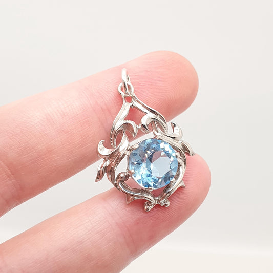 Vintage Solid Silver Aquamarine Paste Necklace Pendant Sky Blue Glass Scroll Pierced Sparkly Art Nouveau Style Womens Jewellery Jewelry