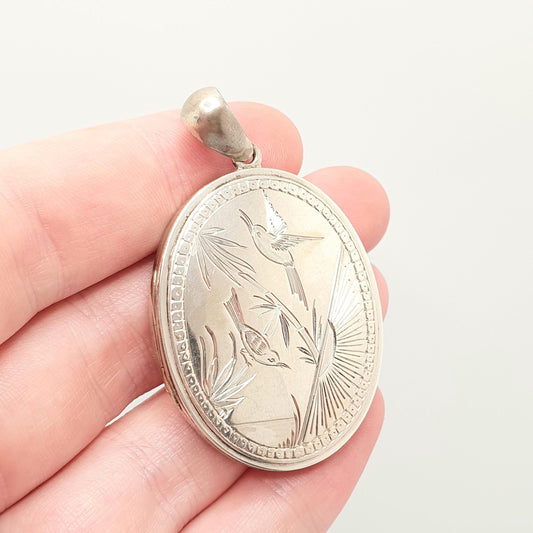Antique Victorian Bird Locket Engraved Silver Tone Large Big Necklace Pendant Genuine 1800s Picture Photo Vintage Jewellery Jewelry