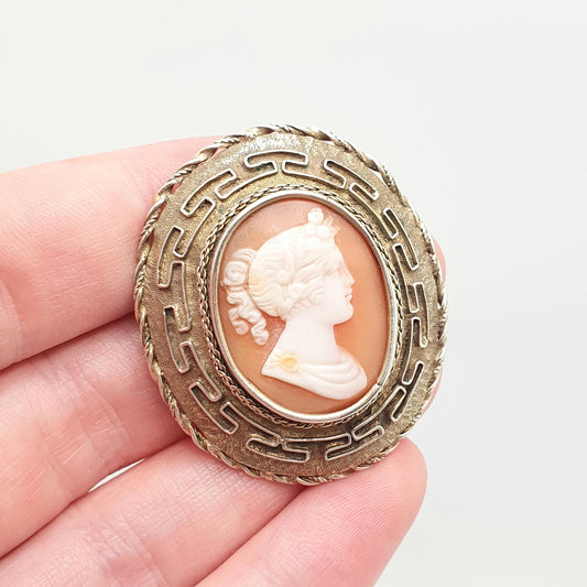 Antique Victorian Cameo Brooch Solid Silver Greek Key Pattern Gold Gilt Border Large Big Carved Shell Italian Vintage Jewelry Jewellery