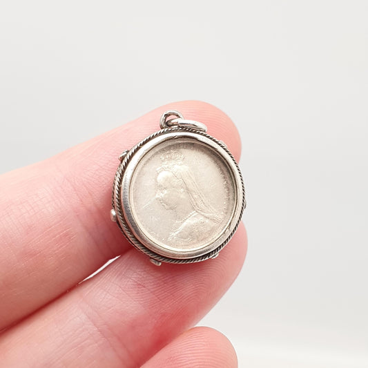 Antique Sterling Silver Victorian Coin Necklace Pendant Locket 1889 Threepence Queen Victoria Bracelet Charm Coins Royalty Great Britain