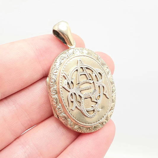 Antique Victorian Locket Gold on Solid Silver Pendant Monogram 3D Initials Hand Engraved Large Geometric Picture Photo Ornate Jewelry