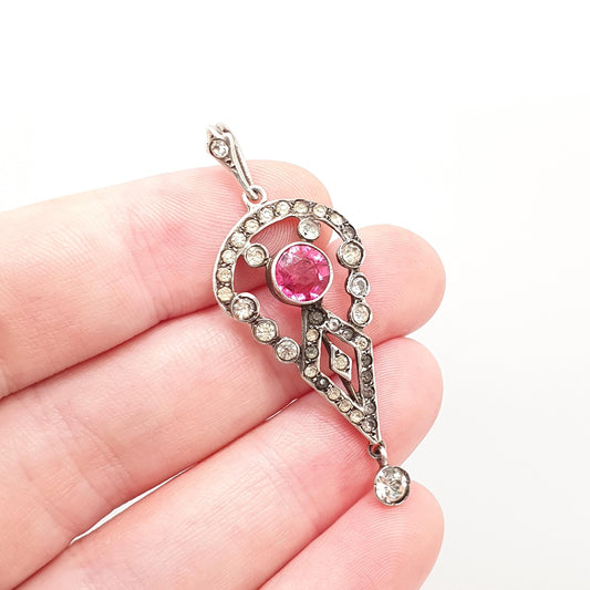 Antique Solid Silver Pink & Diamond Paste Pendant Necklace Victorian Cluster Pendulum 1800s Sparkly Vintage Womens Jewellery Jewelry