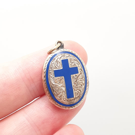 Antique Victorian 9ct Gold Locket Blue Enamel Crucifix Cross Pendant Engraved Solid 9k 375 Front Necklace Vintage 1800s Jewelry Jewellery