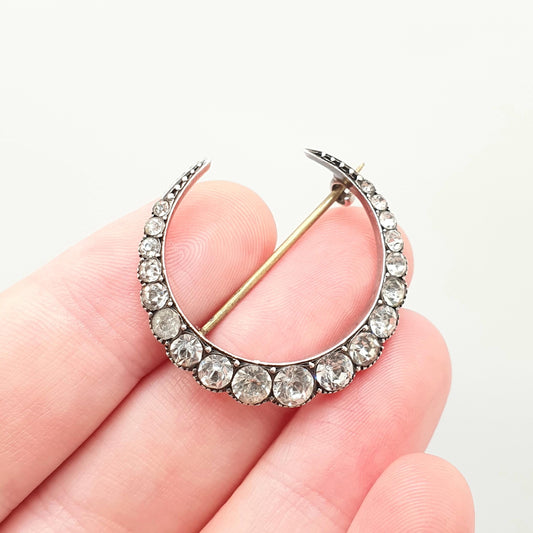 Antique Solid Silver Paste Crescent Moon Brooch PARISIAN DIAMOND COMPANY Star Victorian Night Sparkly Celestial Jewelry Jewellery Vintage