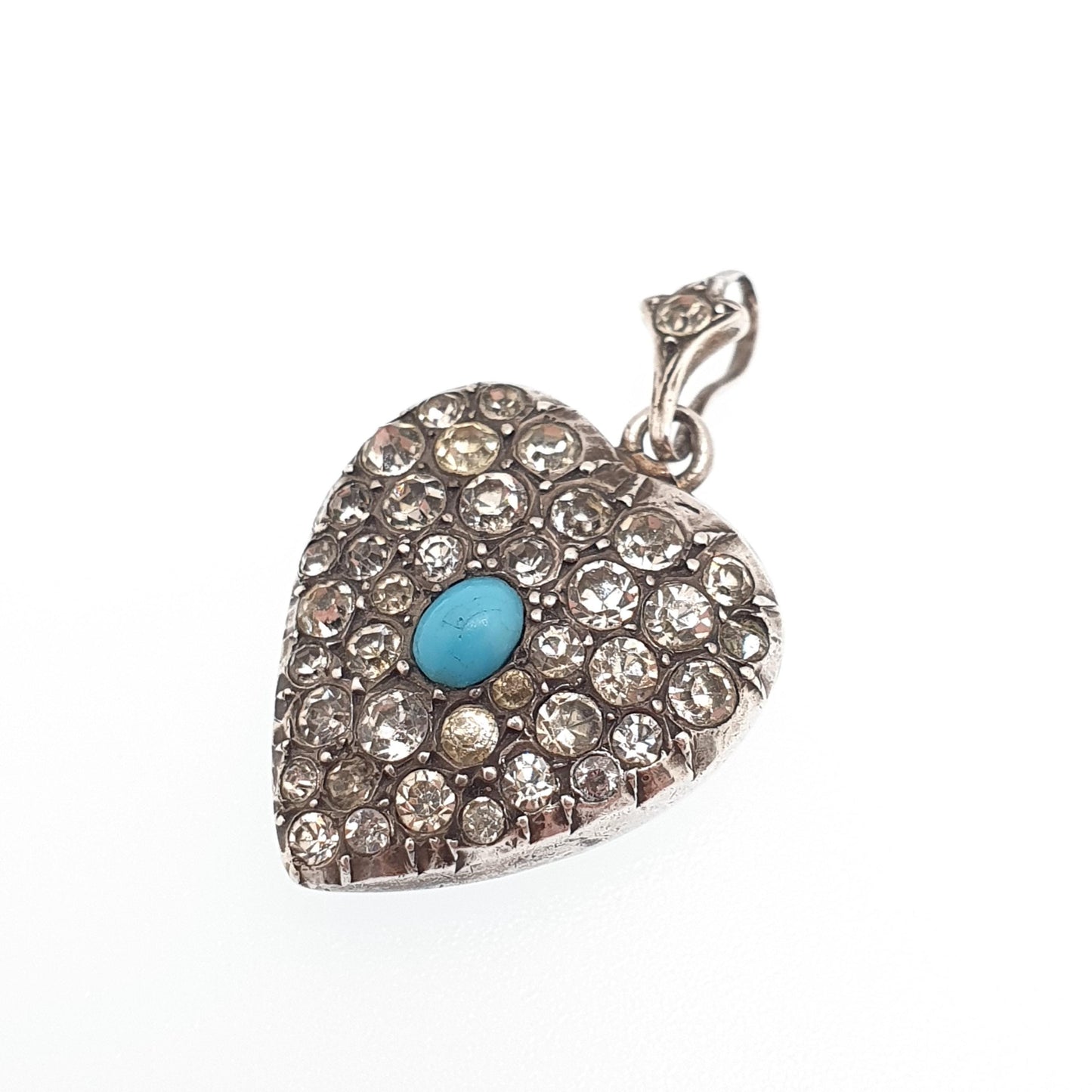 Antique Victorian Solid Silver Puffer Heart Pendant Turquoise Paste Pave Necklace Hallmark Love Gift Charm Sparkly Vintage Jewellery Jewelry