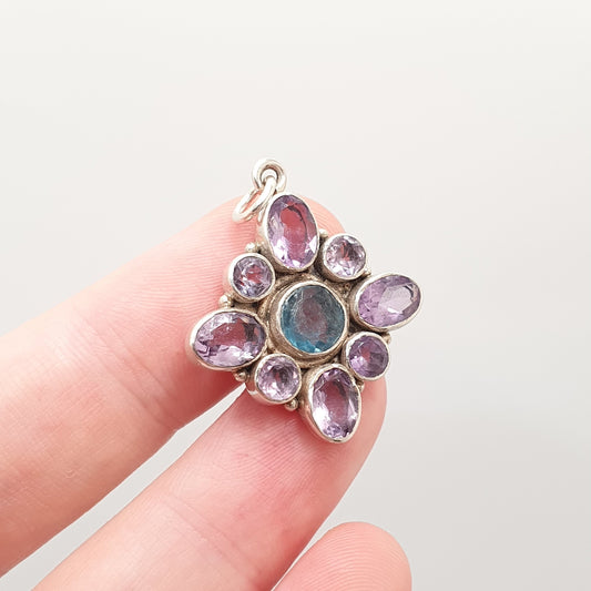 Vintage Solid Silver Amethyst Cluster Pendant Necklace Blue Spinel Centre Indian Asian Genuine Sparkly Gemstones Womens Jewelry Jewellery