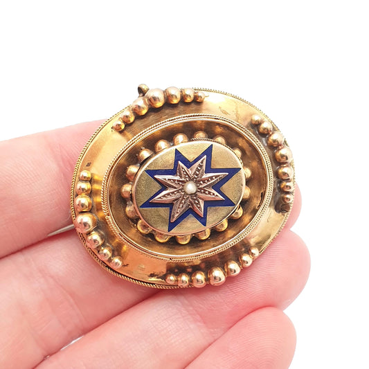 Antique Victorian 9ct Gold Brooch Star Blue Enamel Mourning Locket Solid 375 9k Seed Pearl Etruscan Revival Vintage Womens Jewelry Jewellery