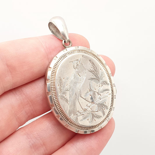 Antique Victorian Sterling Silver Locket Bird Engraved Geometric Pendant Picture Photo Etruscan Stepped Vintage Womens Jewelry Jewellery