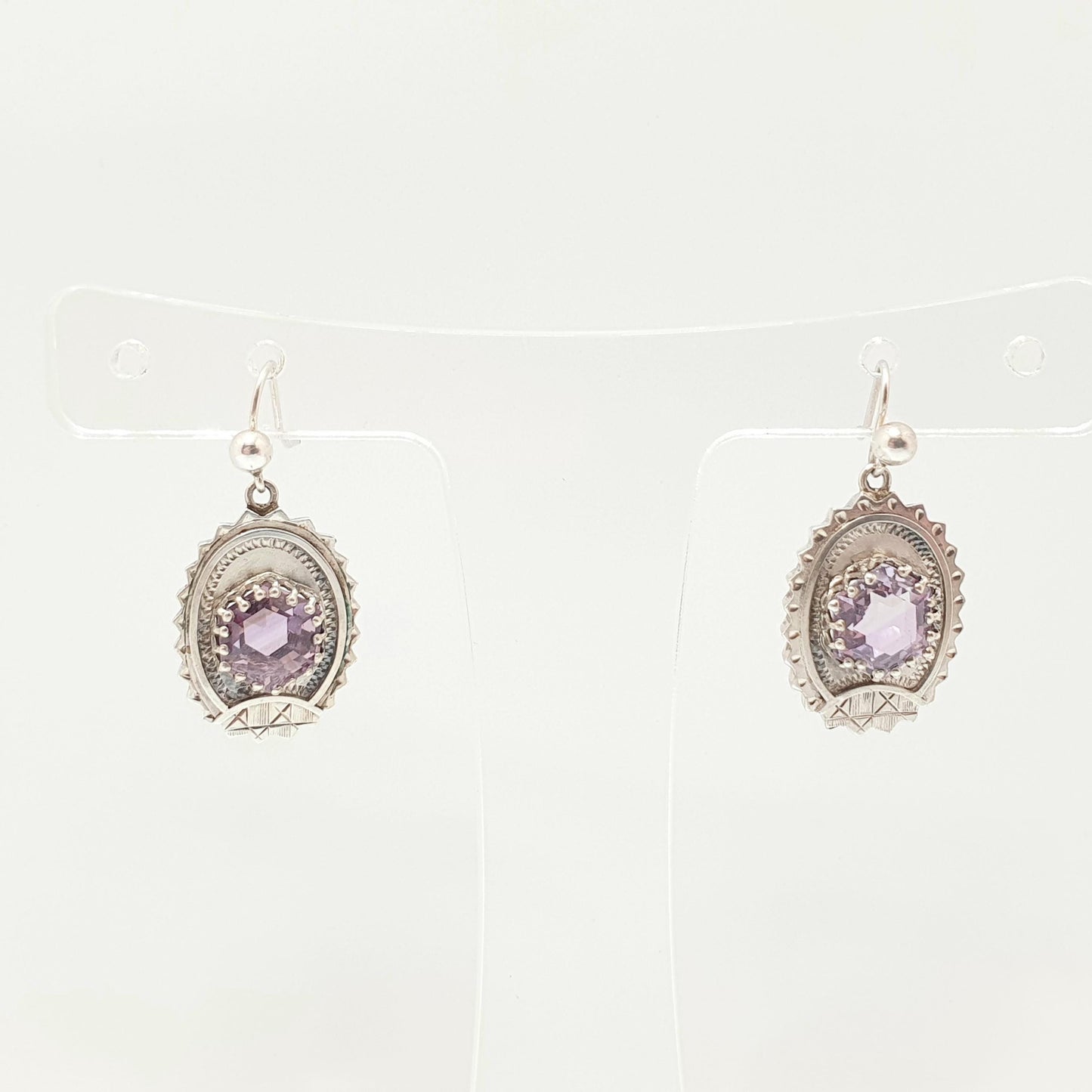 Antique Victorian Solid Silver Amethyst Earrings Engraved Hook Etruscan Hexagon Cut Genuine Estate Fine 1800s Hook Vintage Jewelry Jewellery