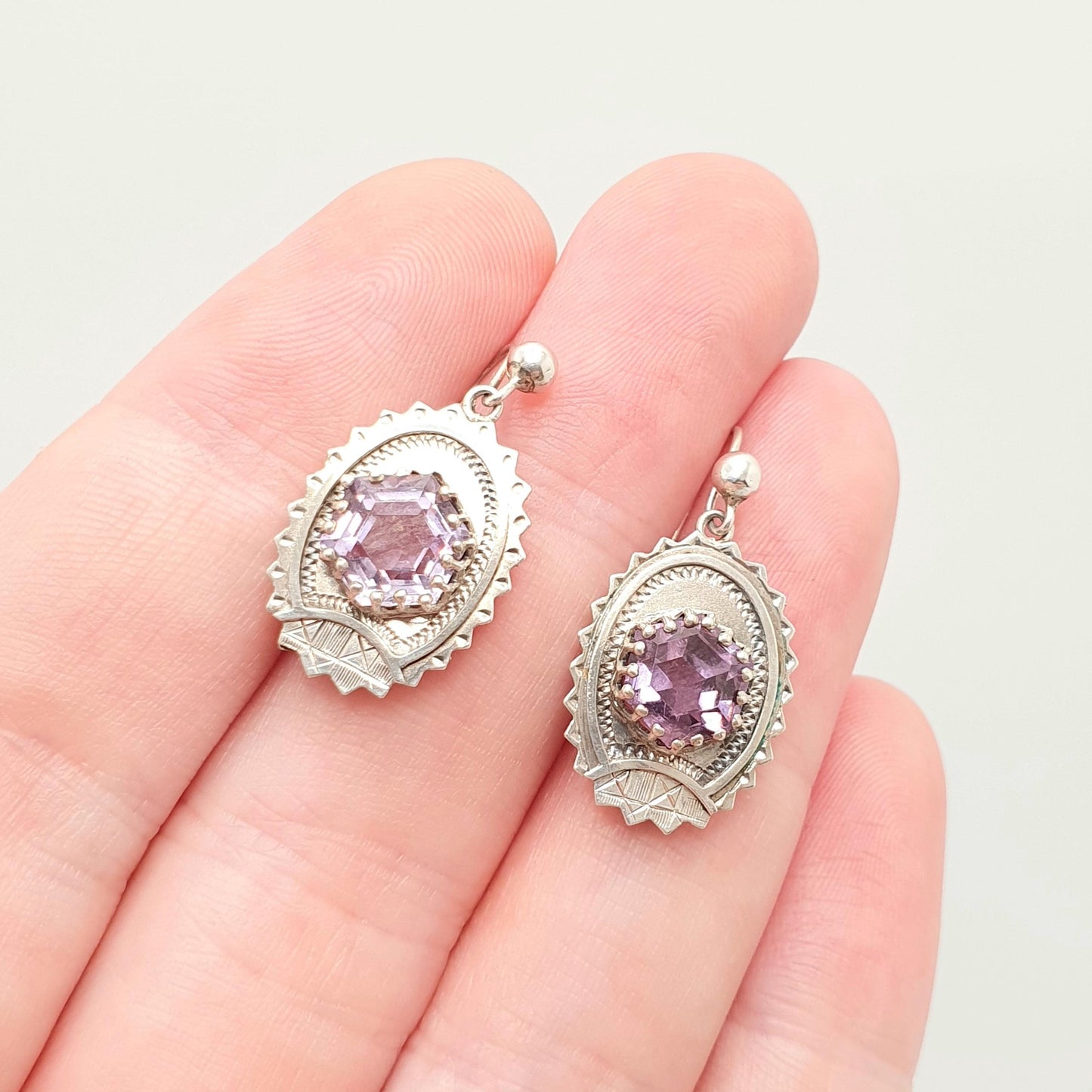 Antique Victorian Solid Silver Amethyst Earrings Engraved Hook Etruscan Hexagon Cut Genuine Estate Fine 1800s Hook Vintage Jewelry Jewellery