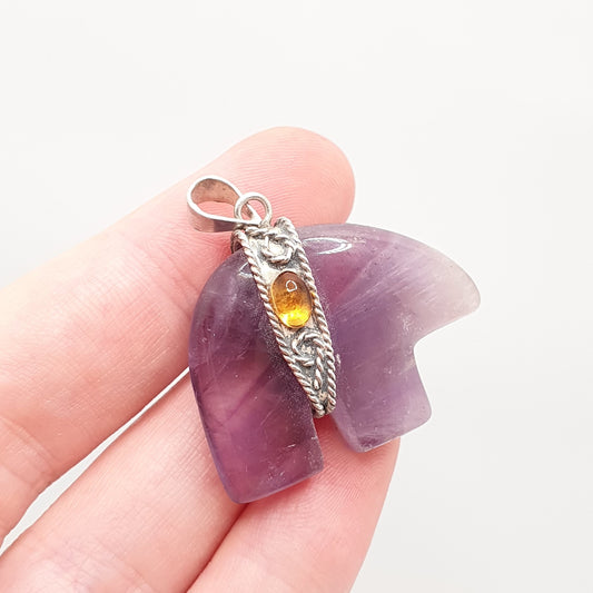 Vintage Sterling Silver Elephant Amethyst Necklace Pendant Citrine Solid 925 Crystal Genuine Gemstone Quartz Womens Jewelry Jewellery