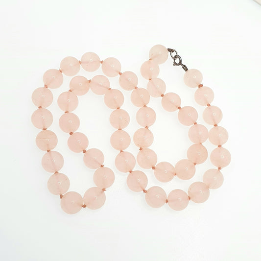 Antique Rose Quartz Bead Necklace Art Deco Long 55cm 21.6" Pink Gemstone Vintage 1920s Hand Knotted Each Bead Round Large Jewelry Jewellery