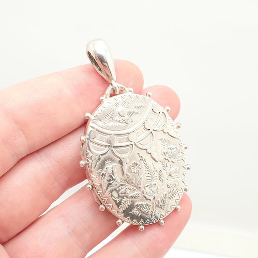 Antique Victorian Sterling Silver Locket 1882 Beaded Engraved Large Big Oval Pendant Picture Photo 1800s Vintage Womens Jewelry Jewellery