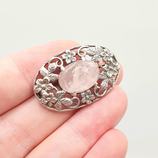 Antique Bernard Instone Sterling Silver Rose Quartz Brooch Pin Art Nouveau Genuine Oval Flower Pattern Old Vintage Womens Jewelry Jewellery