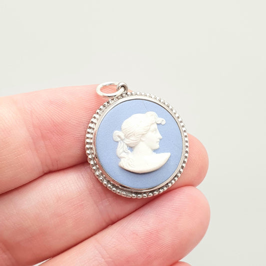 Vintage Sterling Silver Wedgwood Necklace Pendant 1959 Genuine Blue Jasperware Authentic Josiah Lady Womens Ladies Jewelry Jewellery Retro