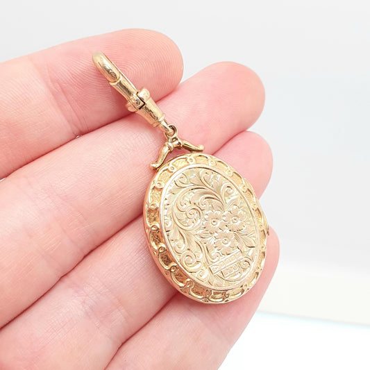 Antique Solid 9ct Gold Locket Dog Clip Oval Pendant 1916 Hallmark Engraved Fine Estate 375 9k Photo Vintage Yellow Jewelry Jewellery