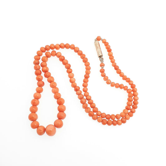 Antique Coral Bead Necklace Victorian Salmon Orange 43cm 11.83g Hand Carved Round Rolled Gold Clasp 1800s Womens Vintage Jewelry Jewellery