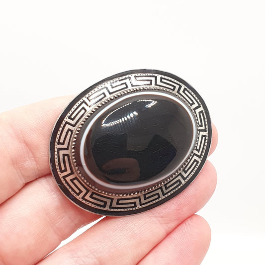 Antique Solid Silver Victorian Bulls Eye Agate Brooch Greek Key Enamel Genuine Real Cabochon Big Bullseye Vintage Jewelry Jewellery 1800s