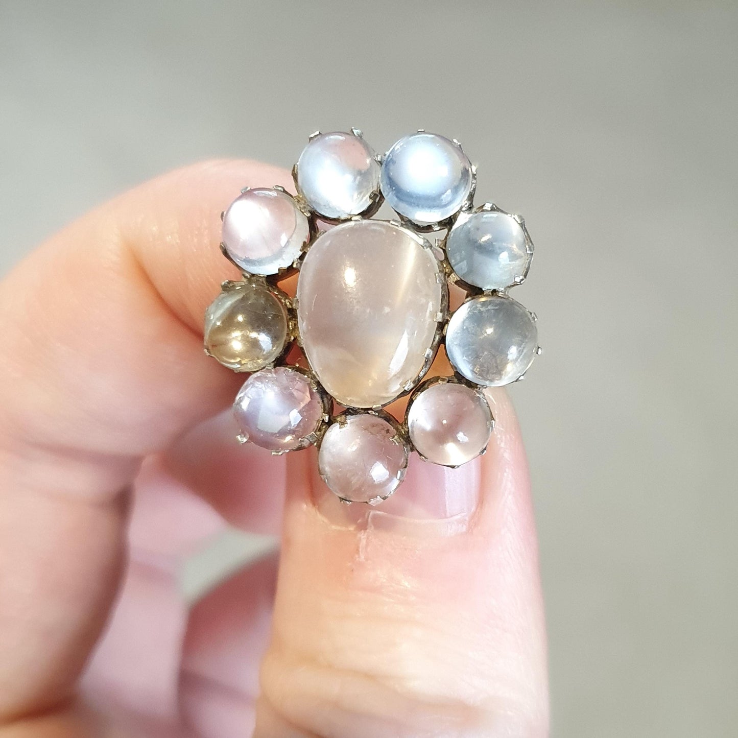 Antique Moonstone Solid Silver Brooch Cluster Halo Victorian Cabochon Cut Handmade Vintage Blue Adularescence Womens Jewelry Jewellery