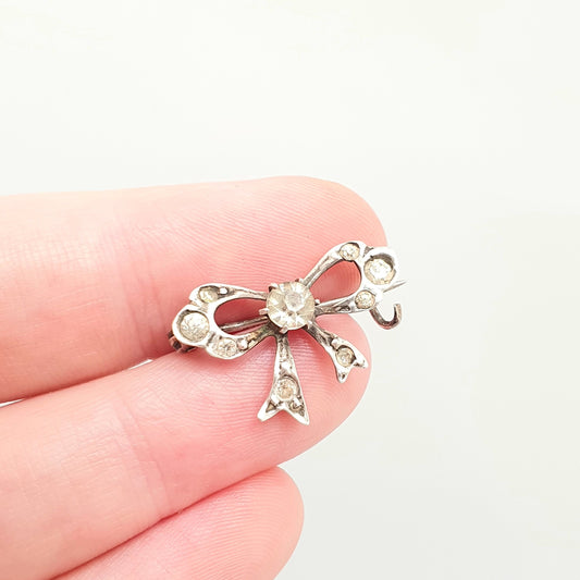 Antique Victorian Paste Solid Silver Bow Brooch Ribbon Diamond Pastes Tiny Foiled 1800s Sweet Cute Quaint Womens Jewelry Jewellery Vintage