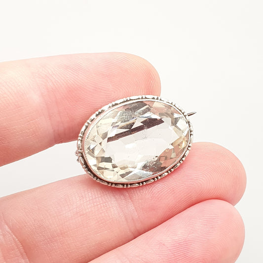 Antique Solid Silver Citrine Brooch Art Deco Genuine Quartz Large Gemstone Oval Cut Vintage 1920s Pale Yellow Orange Jewelry Jewellery