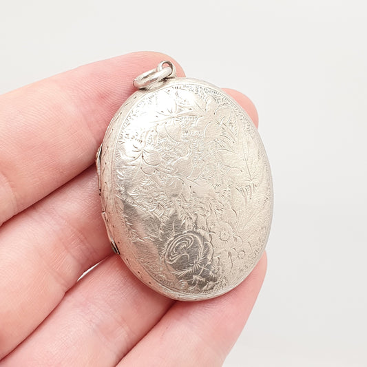 Antique Victorian Locket Silver Tone Large Big Engraved Necklace Pendant Genuine 1800s Flower Picture Photo Oval Vintage Womens Jewellery