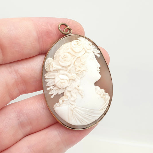 Antique Victorian Cameo Brooch Pendant Large Big Detailed Flower Gold Gilt Fine Hand Necklace Carved Shell Vintage Womens Jewelry Jewellery