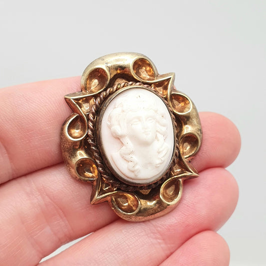 Antique Victorian Cameo Brooch Pendant Rolled Gold Filled Long Hair Pink Shell High Relief Large Big Hand Carved Vintage Jewelry Jewellery