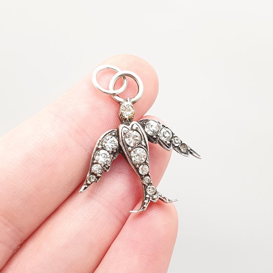 Antique Solid Silver Diamond Paste Bird Pendant Necklace Victorian Songbird Sweetheart Lovebird Swallow Vintage Womens Jewellery Jewelry