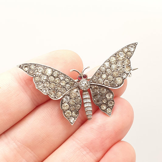 Antique Sterling Silver Diamond Paste Butterfly Brooch Large Insect Bug Rare Ruby Pastes Eyes Solid 925 Parisian Vintage Jewellery Jewelry