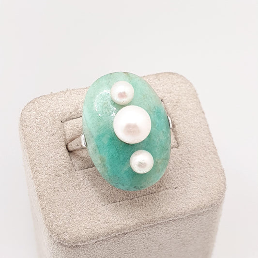 Antique Solid Silver Chrysoprase Pearl Ring Genuine Art Deco Large Cocktail Vintage 1920s Rare Trilogy Green Womens Jewelry Jewellery