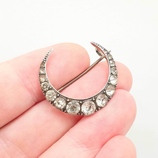 Antique Crescent Moon Sterling Silver Brooch Paste PARISIAN DIAMOND COMPANY Foiled Backs Sparkly Celestial 925 Jewelry Jewellery Vintage