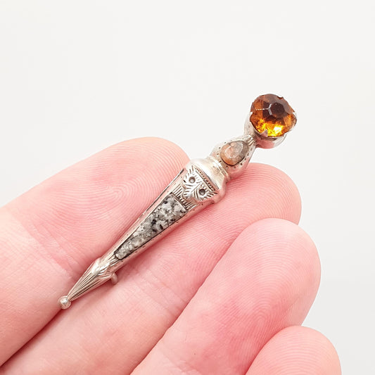 Antique Scottish Dirk Sterling Silver Brooch Pin Speckled Agate Jasper Citrine Paste Victorian Quartz Vintage Mens Womens Jewelry Jewellery