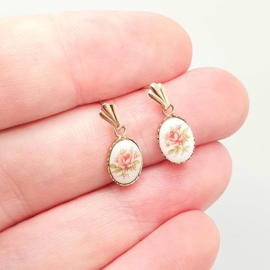 Vintage 9ct 9k Gold Rose Flower Earrings Stud Drop Hanging Ceramic Solid 375 Cute Yellow Retro Gift Oval Womens Mens Jewelry Jewellery