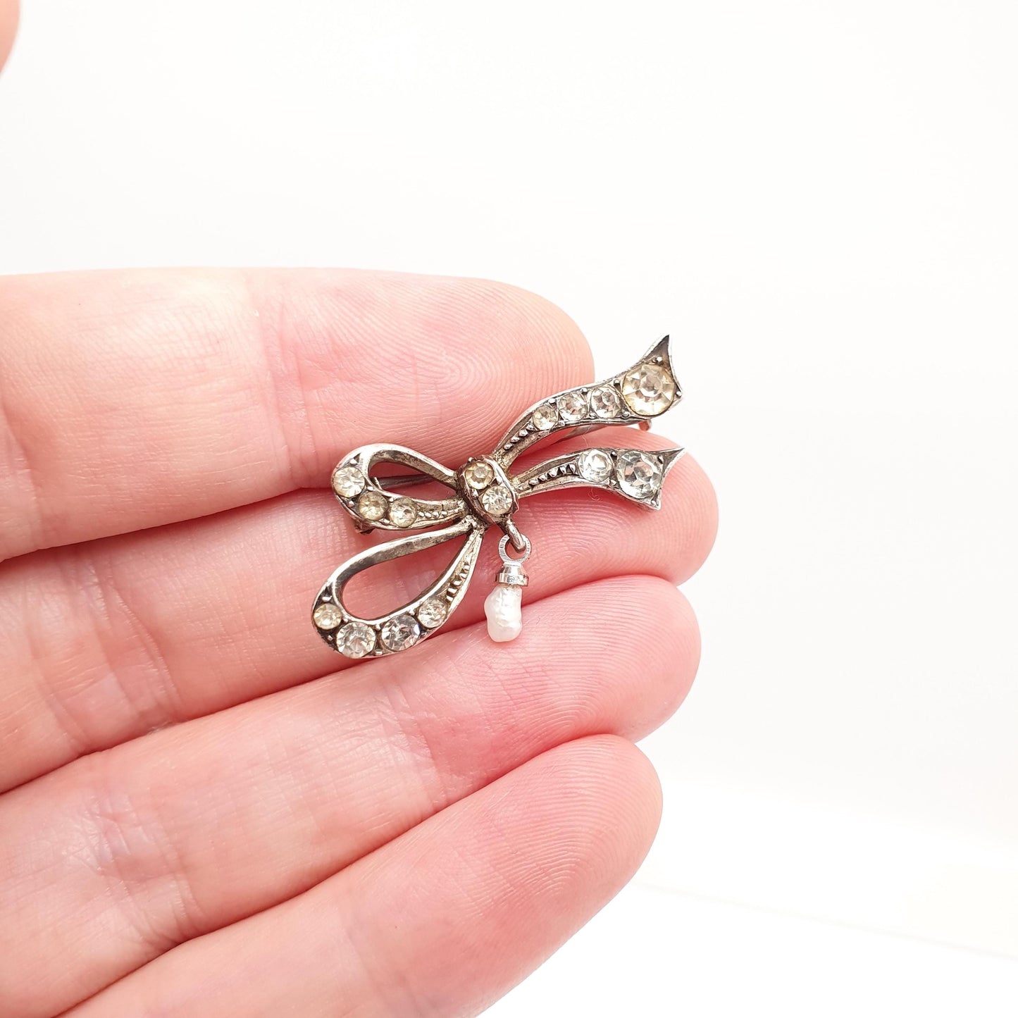 Antique Diamond Paste Solid Silver Bow Brooch Freshwater Pearl Pin Ribbon Cute Hallmarked Gift 835 Womens Jewelry Jewellery Vintage