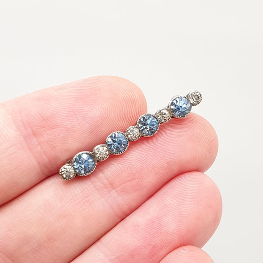 Antique Solid Silver Sapphire & Diamond Paste Brooch Victorian Round Cut Art Nouveau Bar Pin 1900s Sparkly Vintage Womens Jewelry Jewellery