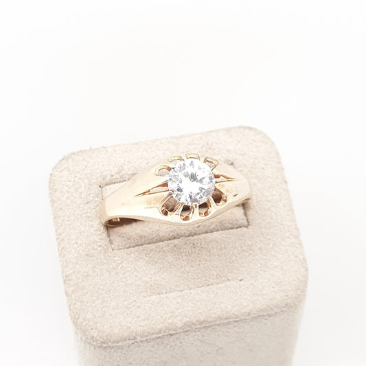 Vintage 9ct Gold CZ Gypsy Ring Solitaire Brilliant Cut Large Big Hallmark Diamond Style Solid 9k 375 Yellow Retro Zirconia Jewelry Jewellery
