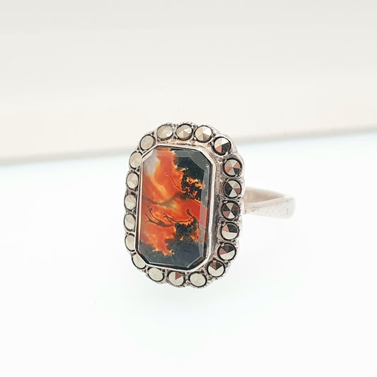 Antique Moss Agate Solid Silver Ring Art Deco Marcasite Cluster 1920s Quartz Gemstone Genuine Cocktail Rectangular Womens Jewellery Jewelry