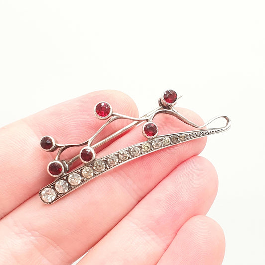 Antique Victorian Solid Silver Ruby Diamond Paste Brooch Hair Pin Style Genuine Real 1800s Sparkly Vintage Womens Jewelry Jewellery