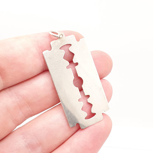 Vintage Sterling Silver Razor Blade Necklace Pendant Large Cutthroat Double Edge Solid 925 Womens Mens 1970s Retro Gift Jewelry Jewellery