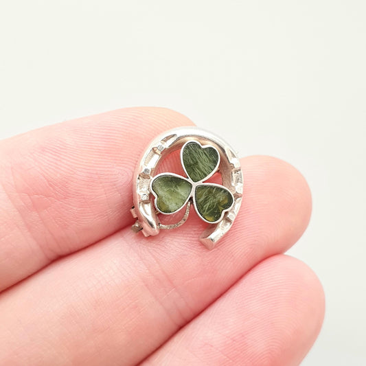 Antique Connemara Clover Brooch Sterling Silver Horseshoe Lucky Irish 1902 Three Leaf Green Marble Shamrock Celtic Vintage Jewelry Jewellery