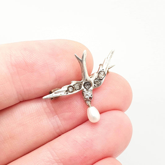 Antique Solid Silver Pearl & Paste Bird Brooch Diamond Foiled Pastes Freshwater Pearl Swallow Cute Birds Vintage 1800s Ladies Womens Jewelry