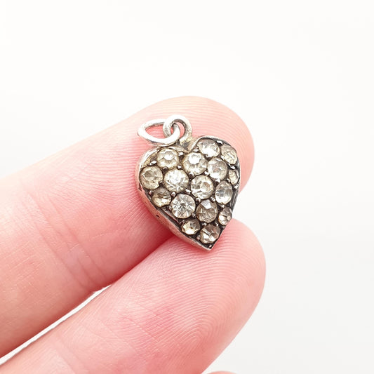 Antique Solid Silver Paste Heart Pendant Necklace Victorian Charm Puffy Puffer Small Cute Diamond Pastes Vintage Womens Jewellery Jewelry