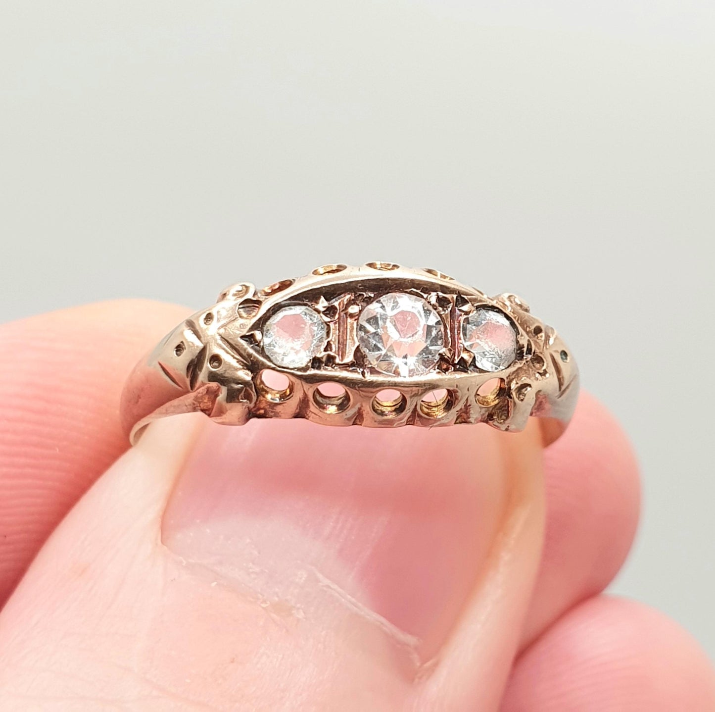 Antique 9ct Gold Diamond Paste Ring 1919 Hallmarked Solid Rose 9k 375 Gypsy Old Cut Trilogy Tri Chester Womens Vintage Jewelry Jewellery