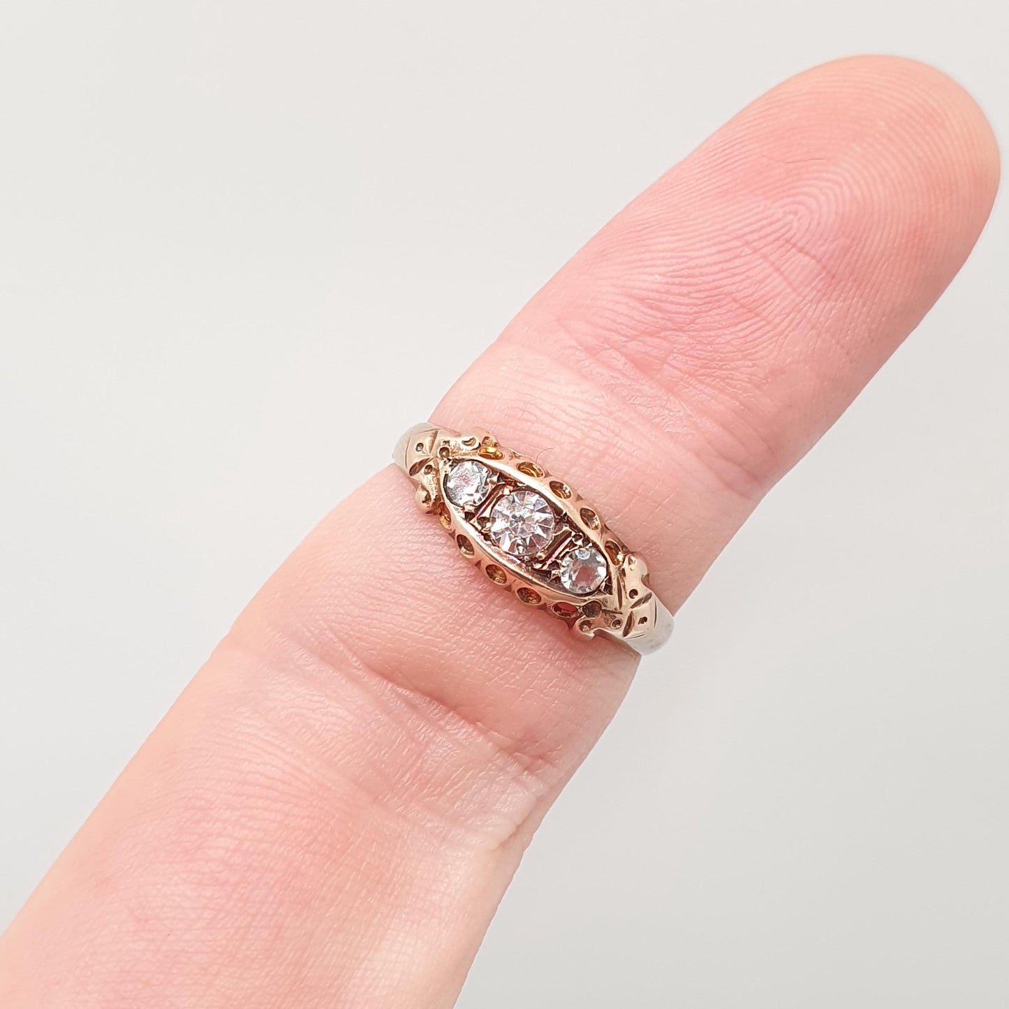 Antique 9ct Gold Diamond Paste Ring 1919 Hallmarked Solid Rose 9k 375 Gypsy Old Cut Trilogy Tri Chester Womens Vintage Jewelry Jewellery