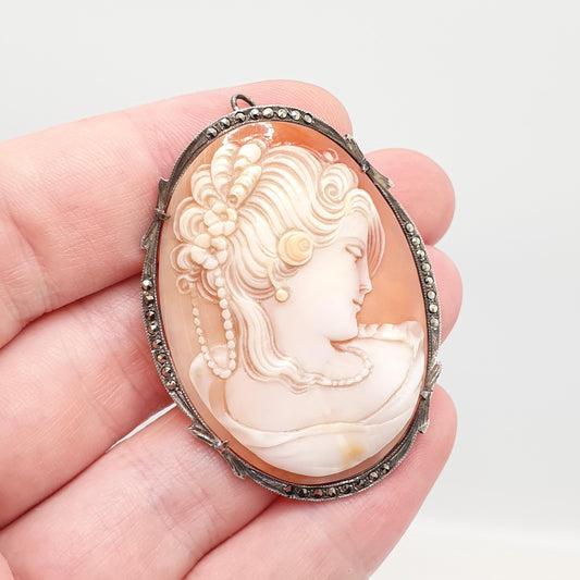 Antique Solid Silver Cameo Pendant Brooch Large Big Necklace Pearl Necklace Genuine Shell Fine Carved Marcasite Vintage Jewelry Jewellery